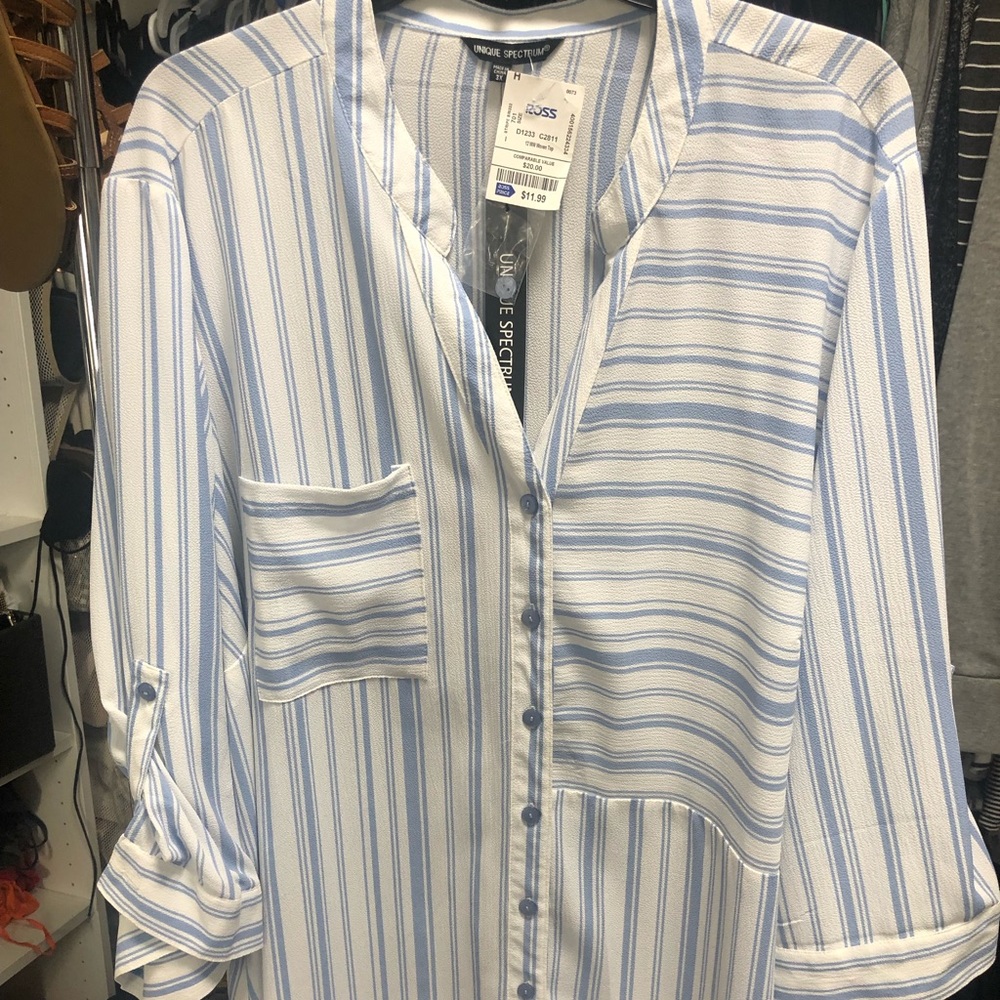 White and Blue Striped plus buttoned blouse